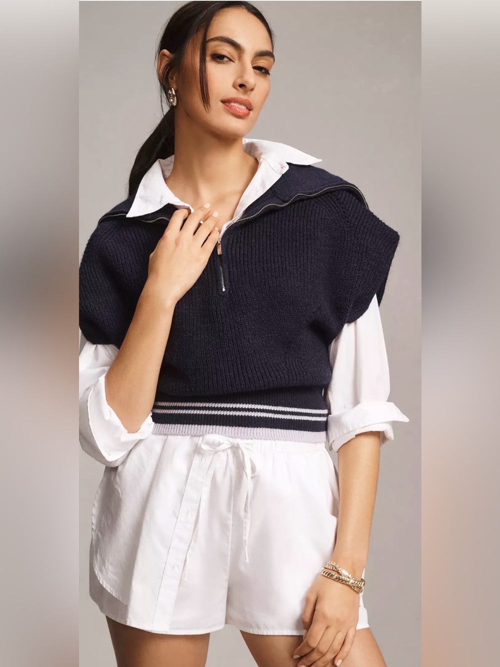Maeve Quarter-Zip Sweater Tee Cropped Muscle Navy Transitional Sz XS